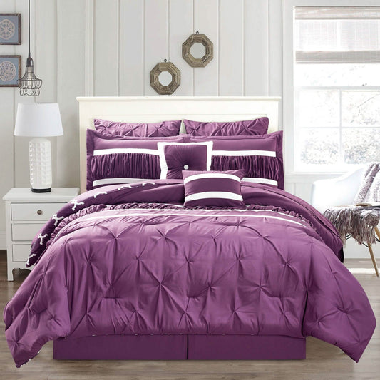 10-Piece Set: Kensie Hotel Quality Pintucked Oversized Comforter Set Bedding Plum Queen - DailySale