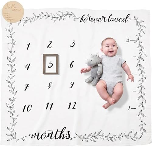 Organic Baby Monthly Milestone Blanket Boy or Girl - Months Blanket with Wood Frame and Newborn Announcement Disc - Growth Chart Milestone Blanket Neutral, 1-12 Month Milestones, 47”x47”