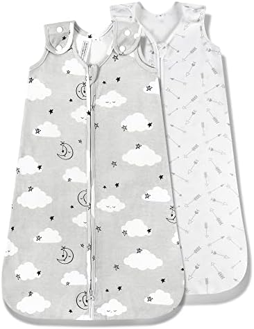 TILLYOU Cotton Sleep Sack 2 Pack - TOG 1 Baby Wearable Blanket with 2-Way Zipper, Extra Soft Sleeveless Sleeping Bag for Infants, 0-6 Months, Grey Cloud & Gray Arrow