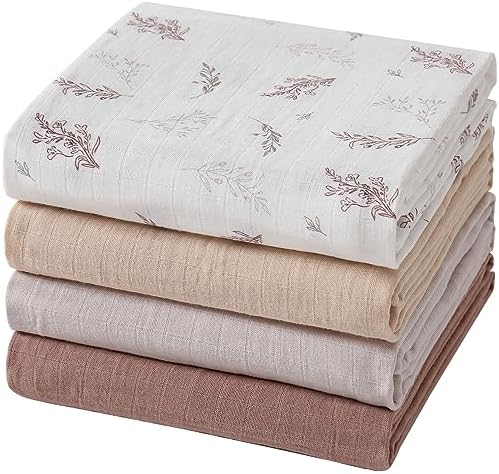 POMISO Muslin Swaddle Blankets for Boys and Girls, Soft Cotton Baby Swaddle Blankets for Unisex, 47 X 47 inches Muslin Swaddles, 4 Pack Leaves & Warmth Colors