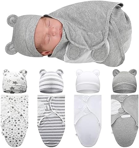 Buryeah 4 Pack Preemie Swaddle Blanket Wrap with Hat Set for Baby Boys Girls Preemie Swaddle Preemie Cap for 3-7 Lbs Preemie