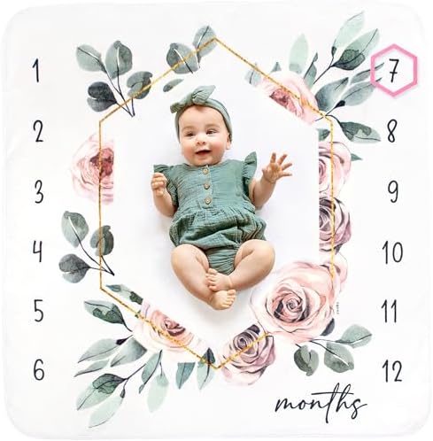 Calloo Baby Monthly Milestone Blanket Floral, First 12 Months Baby Milestone Blanket for Baby Girl, for Newborn Girls, Newborn Essentials Photo Blanket for Age and Growth, 46”x46”