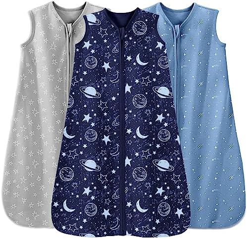 Unnivoll Baby Sleep Sack 6-12 Months 3 Pack 100% Cotton Lightweight 0.5 TOG Wearable Blanket Baby Sleep Bag with 2-Way Zipper for Newborn Infant Blue