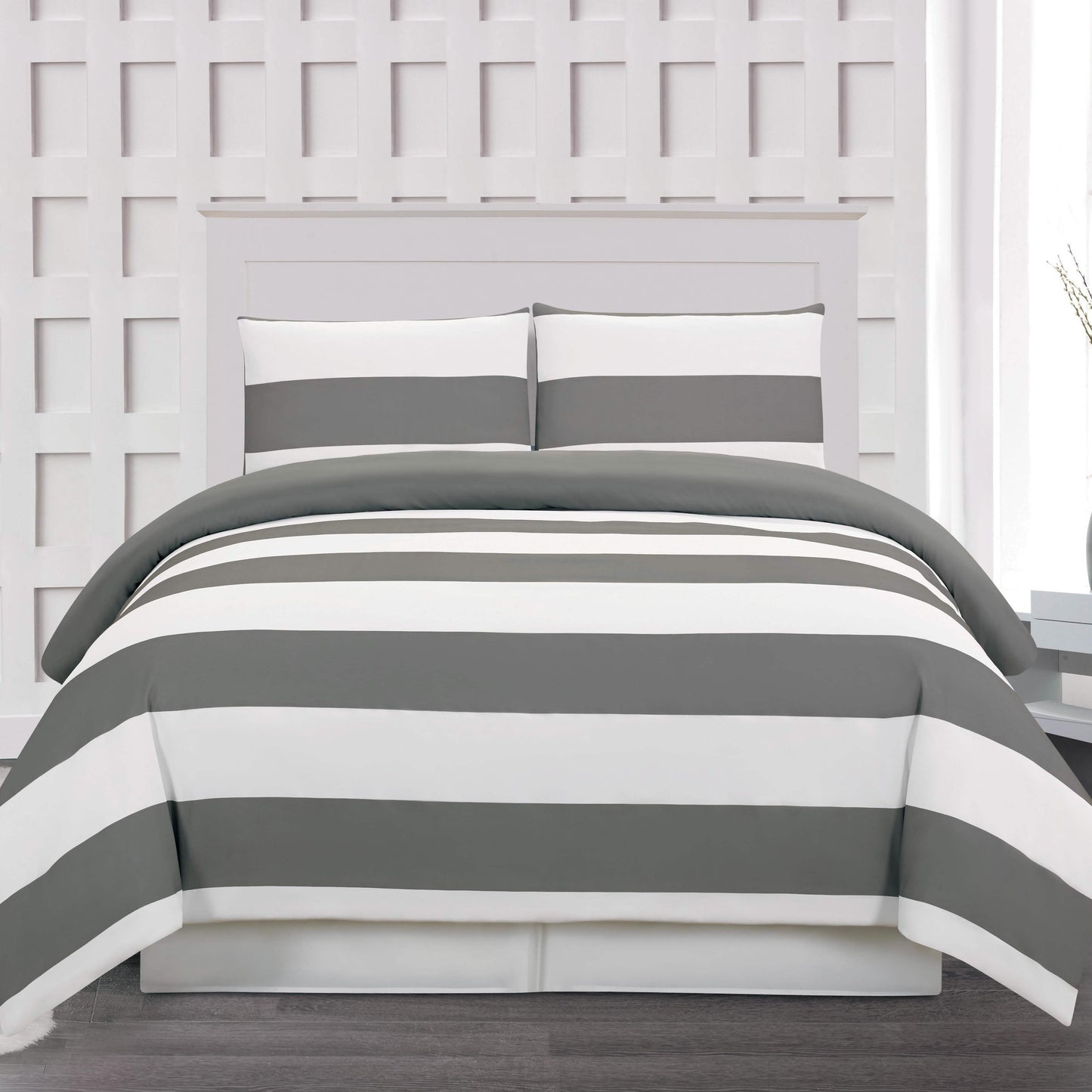3-Piece: Cabana Stripe Reversible Hypoallergenic Duvet Set Bedding Gray - DailySale