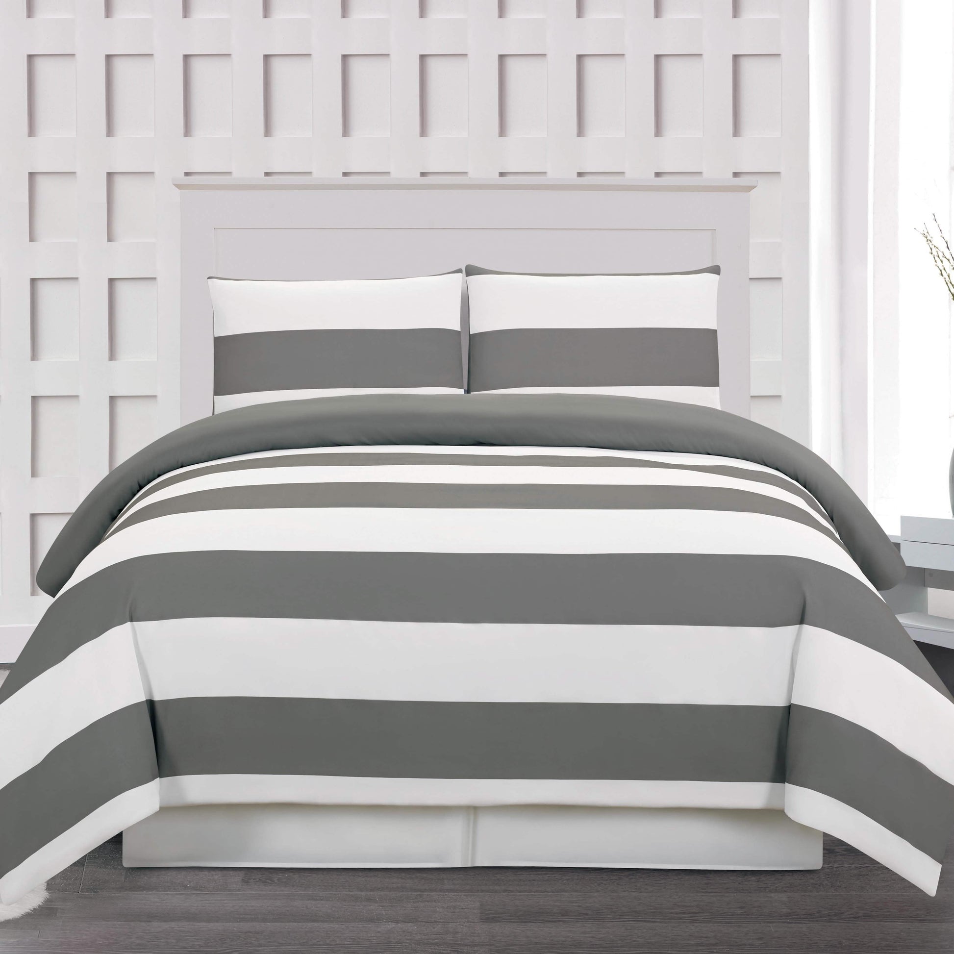 3-Piece: Cabana Stripe Reversible Hypoallergenic Duvet Set Bedding Gray - DailySale