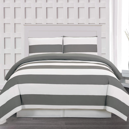 3-Piece: Cabana Stripe Reversible Hypoallergenic Duvet Set Bedding Gray - DailySale