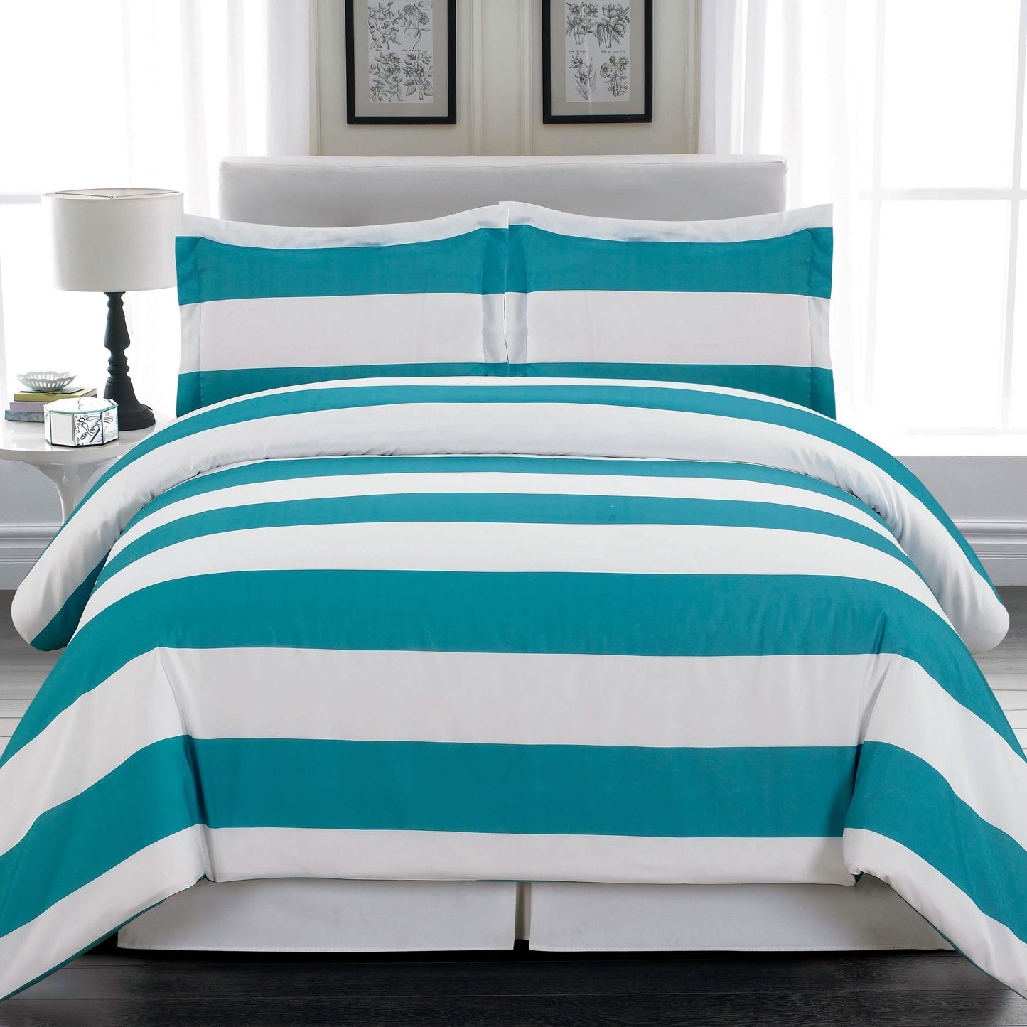 3-Piece: Cabana Stripe Reversible Hypoallergenic Duvet Set Bedding Teal - DailySale