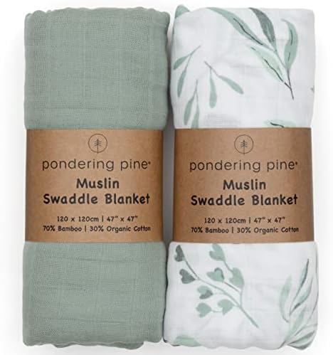 Organic Baby Swaddle Blankets for Boy or Girl - Eucalyptus Leaves and Sage Blanket 2 Pack - Soft Organic Cotton and Natural Bamboo Muslin, XLarge and Breathable, Boho Baby, 47" X 47"