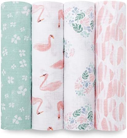 aden + anais Essentials Muslin Swaddle Blankets for Baby Girls and Boys, Newborn Receiving Blanket for Swaddling, 100% Cotton Baby Swaddle Wrap, 4 Pack, Floral, Briar Rose