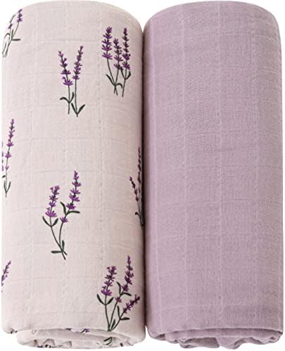 LifeTree Baby Swaddle Blankets Girls, Organic Muslin Swaddle Blankets Unisex Swaddling Wrap Receiving Blanket Neutral for Newborn, 100% Organic Cotton, Large 47 x 47 inches, Lavender & Mauve