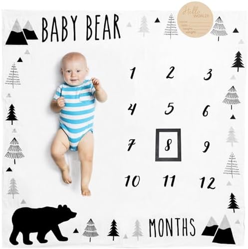 Organic Baby Monthly Milestone Blanket Boy - Baby Bear Months Blanket with Month Marker Frame and Newborn Announcement Disc - Growth Age Blanket for 1-12 Months Milestones, Woodland, 47”x47”