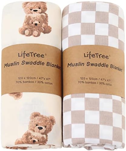 LifeTree Muslin Swaddle Blankets Neutral, Baby Swaddling Wrap Nursery Receiving Blanket for Boys & Girls Unisex, Soft Viscose from Bamboo Cotton, Large 47 x 47 inches, Bear & Checkered Coffee