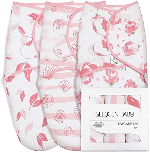 GLLQUEN BABY Organic Girl Swaddle Blankets, Adjustable Infant Swaddle,Newborn Swaddles for 0-3 Months, Baby Sleep Sack,Pink Floral or Dandelions or Leaves,Swaddling Blankets 3 Pack Wrap Set