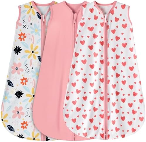 BSTOPPT 3 Pack Baby Sleep Sack 6-12 Months 100% Rayon Cotton Baby Sleeping Bag 2-Way Zipper Toddler Wearable Blankets TOG 0.3 （Heart&Pink&Floral）