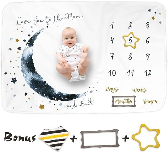 Luka&Lily Month Milestone Blanket- 60"x40" for Baby Boys - First Year Calendar Monthly Growth Chart, Moon - Shower Gifts