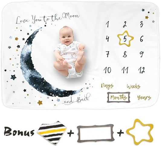 Luka&Lily Month Milestone Blanket- 60"x40" for Baby Boys - First Year Calendar Monthly Growth Chart, Moon - Shower Gifts