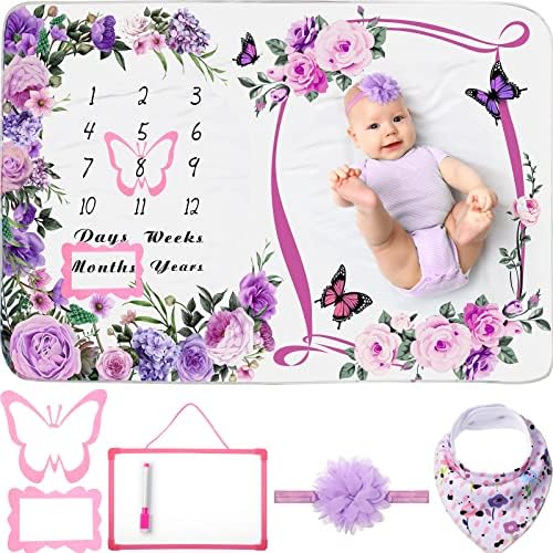 Chumia Monthly Baby Milestone Blanket for Baby Girls Set Baby Age Blanket Baby Month Blanket Newborn Growth Chart Blanket with Bandana Frame Headband Whiteboard for Background (Graceful Style, 6 Pcs)