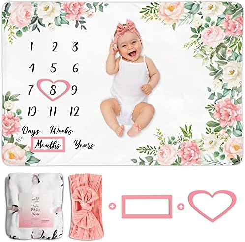 Baby Monthly Milestone Blanket - Personalized Newborn Growth Chart - Customized Soft Fleece Photography Background - Includes Premium Heart, Frame and Pink Bow Headband. 60" X 40"