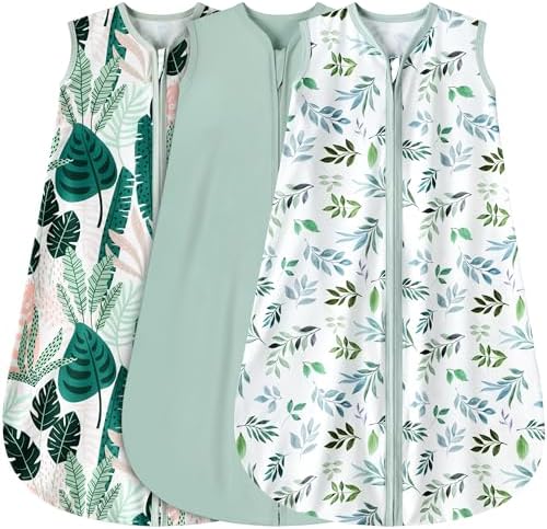BSTOPPT 3 Pack Baby Sleep Sack 6-12 Months 100% Rayon Cotton Baby Sleeping Bag 2-Way Zipper Toddler Wearable Blankets Comfy Stretchy TOG 0.3 Lightweight（Banana&Leaf&Green）