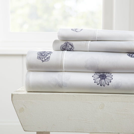 Indigo Flowers Pattern 4-Piece Sheet Set