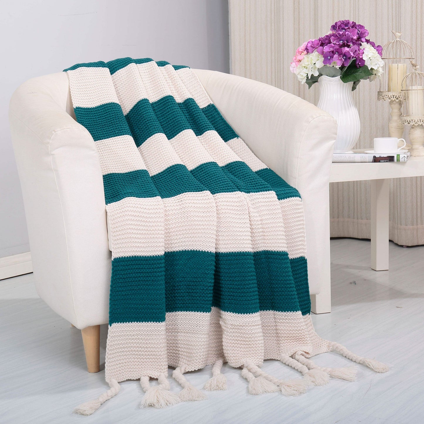 Knitted Throw Couch Cover Sofa Blanket - Assorted Styles Bed & Bath Striped Teal - DailySale
